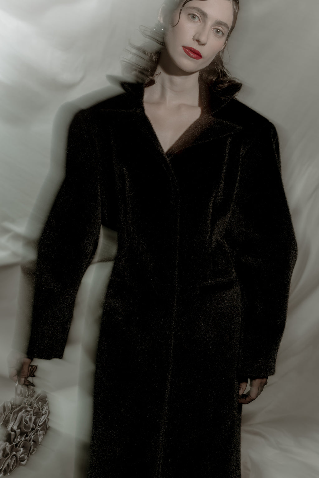 Midnight Black Faux Fur Coat with Stand-Up Collar