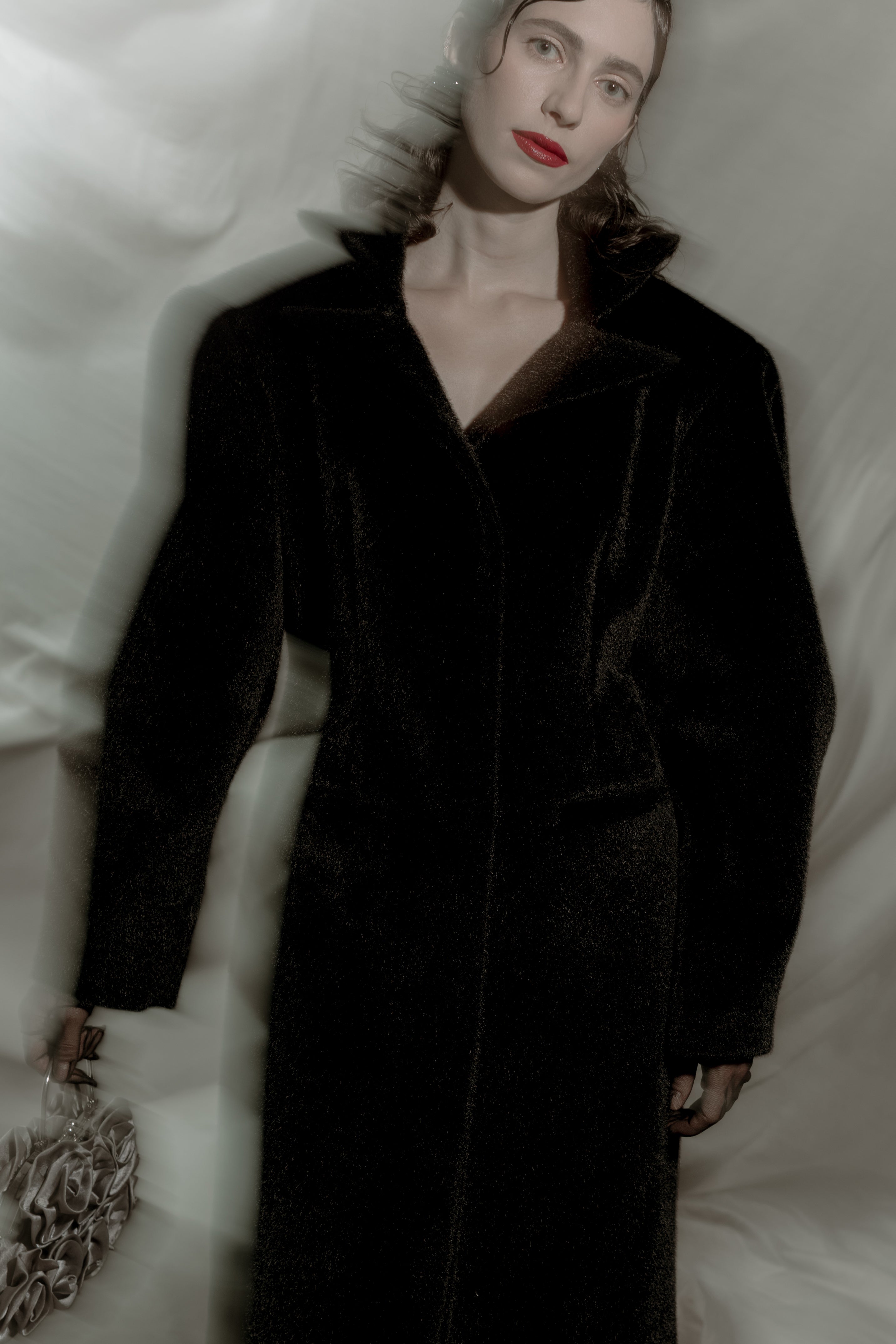 Midnight Black Faux Fur Coat with Stand-Up Collar