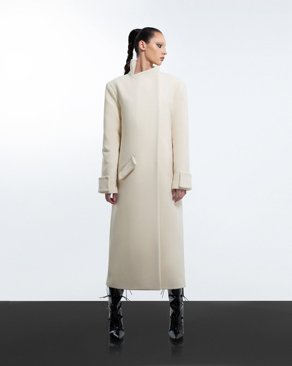 Milky White Asymmetric High-Neck Coat