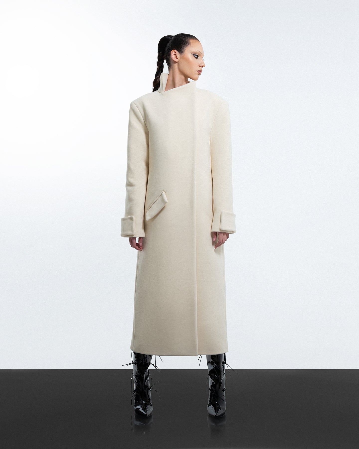 Milky White Asymmetric High-Neck Coat