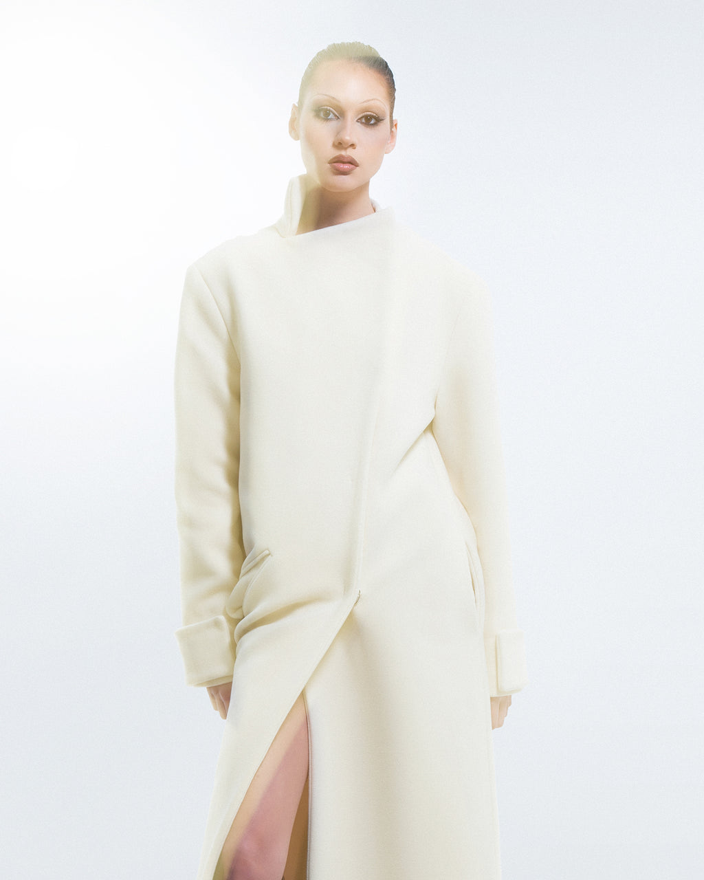 Milky White Asymmetric High-Neck Coat