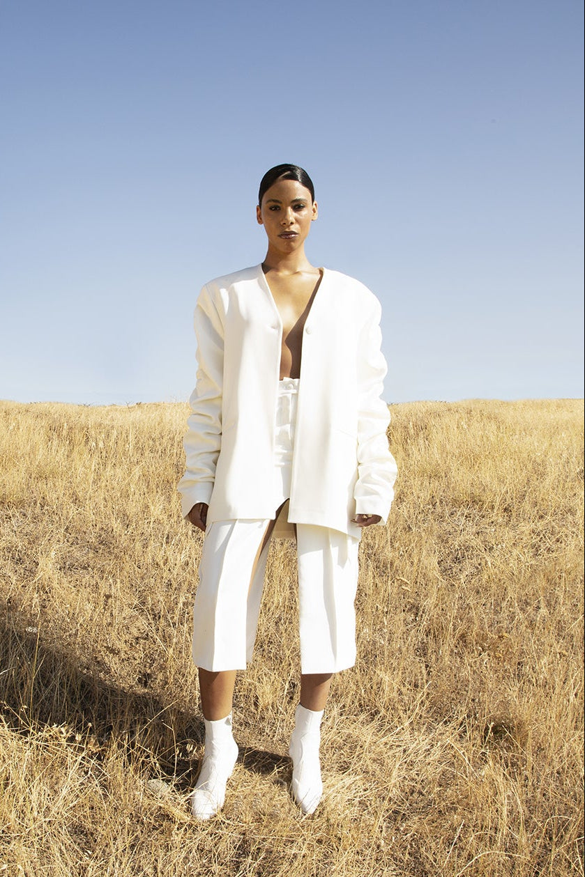 Crumple-Sleeve Long White Blazer