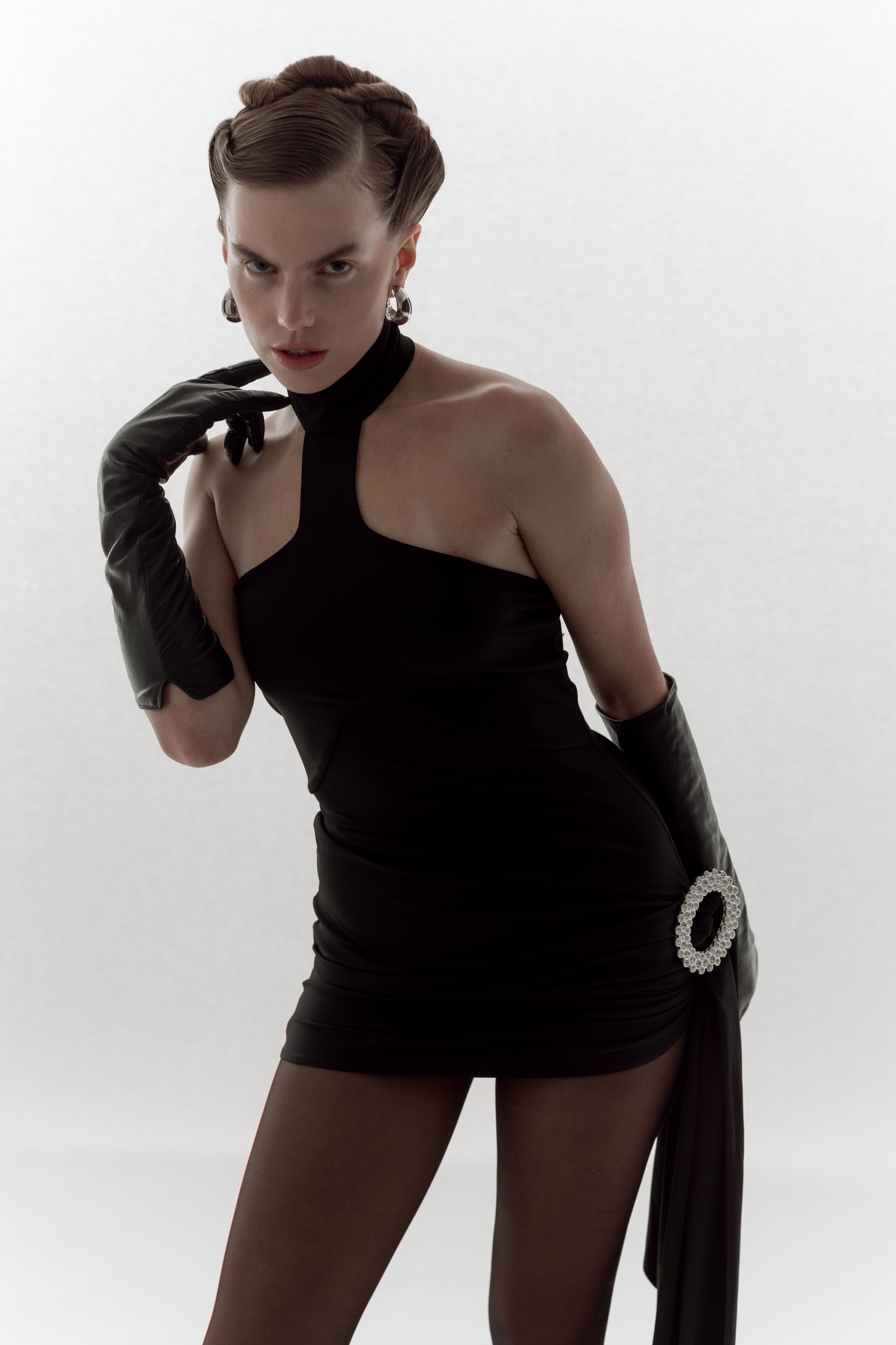 Rhinestone Buckle Halter Black Mini Dress