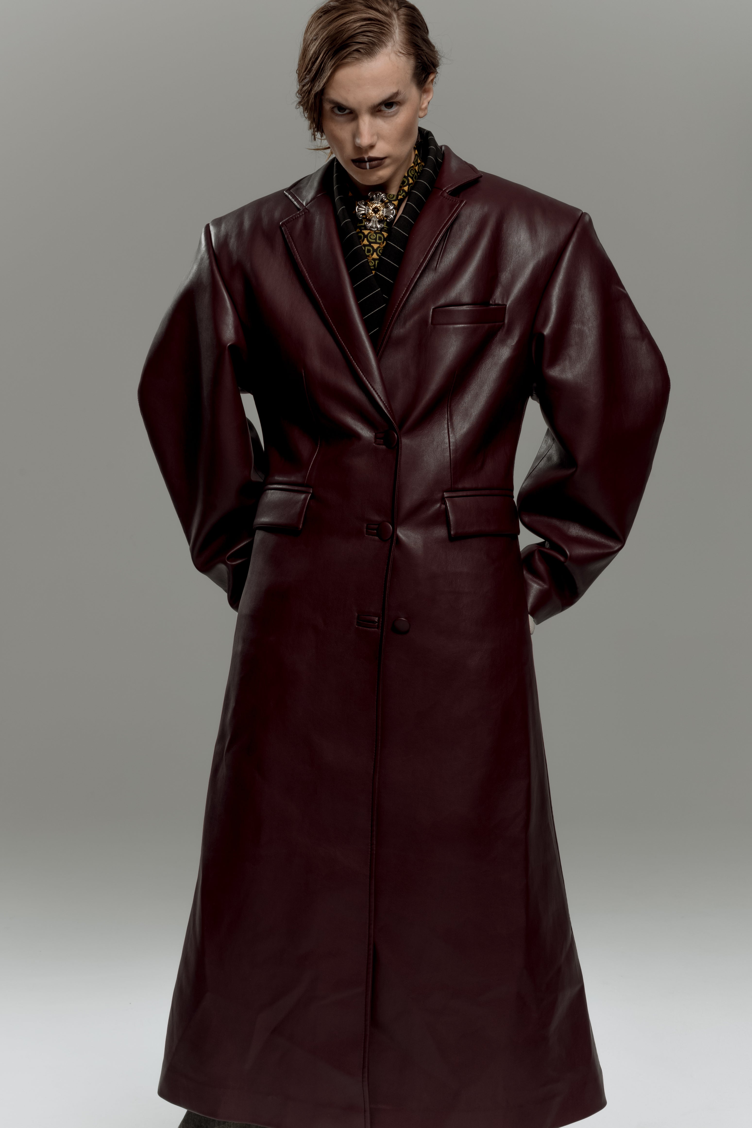 Burgundy Faux Leather Trench Coat