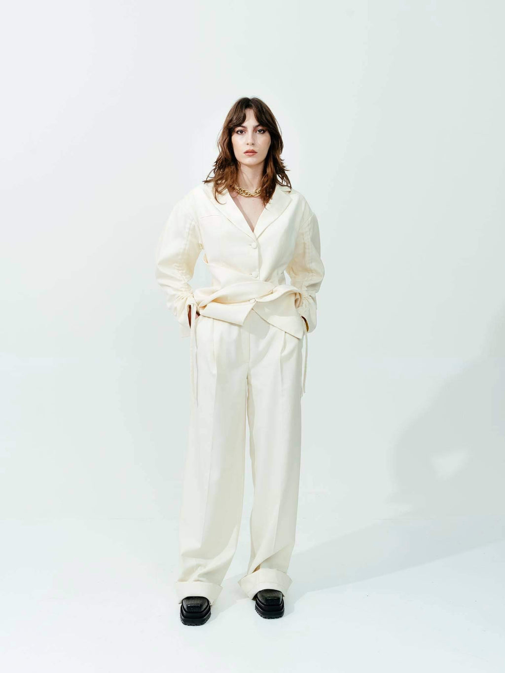 Milky White Cut-Out Back Blazer with Ruched Sleeves