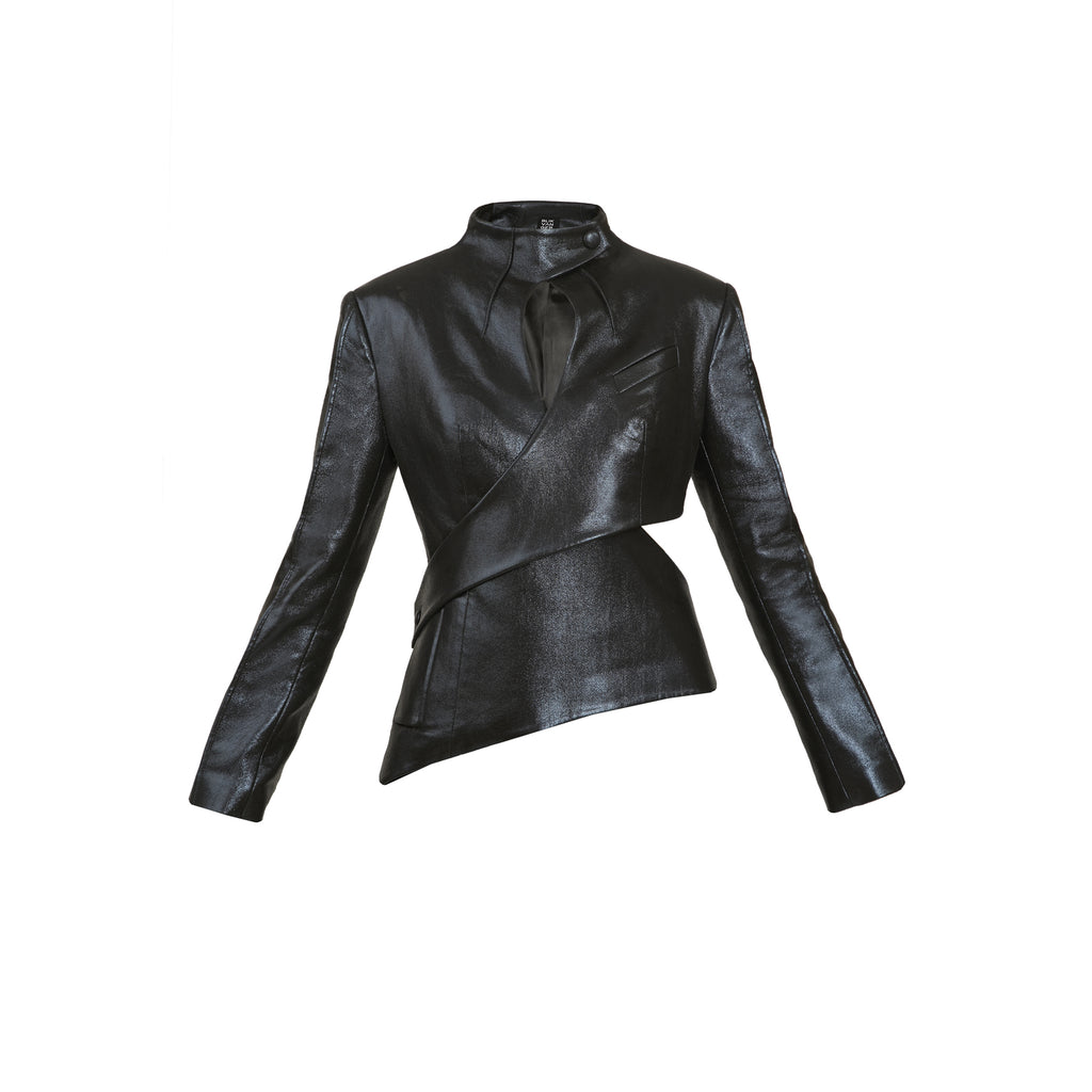 Asymmetric Shiny Faux Leather Cutout Blazer