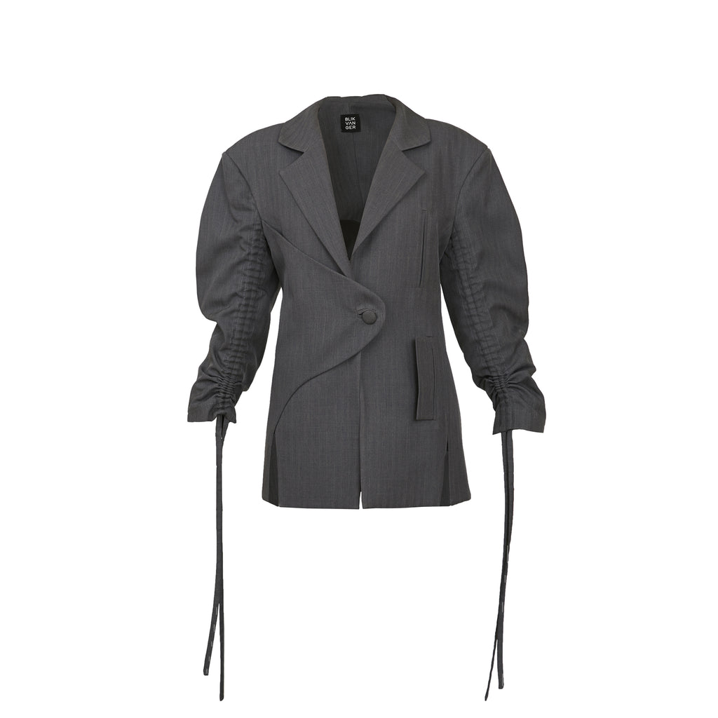 Structured Gray Blazer with Ruched Drawstring Sleeves