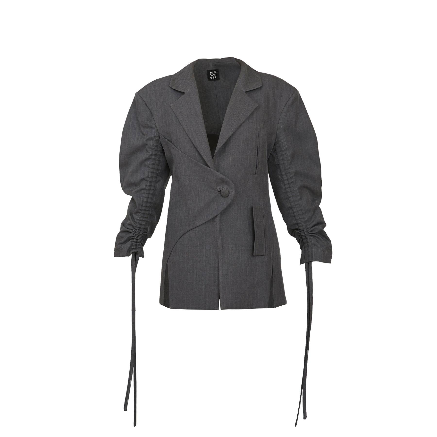 Structured Gray Blazer with Ruched Drawstring Sleeves