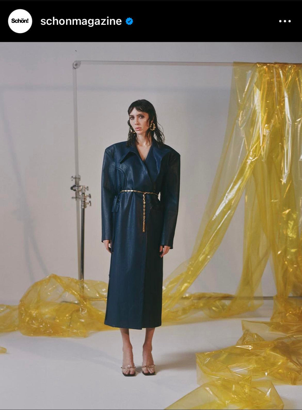 Blue Faux Leather Structured Trench Coat