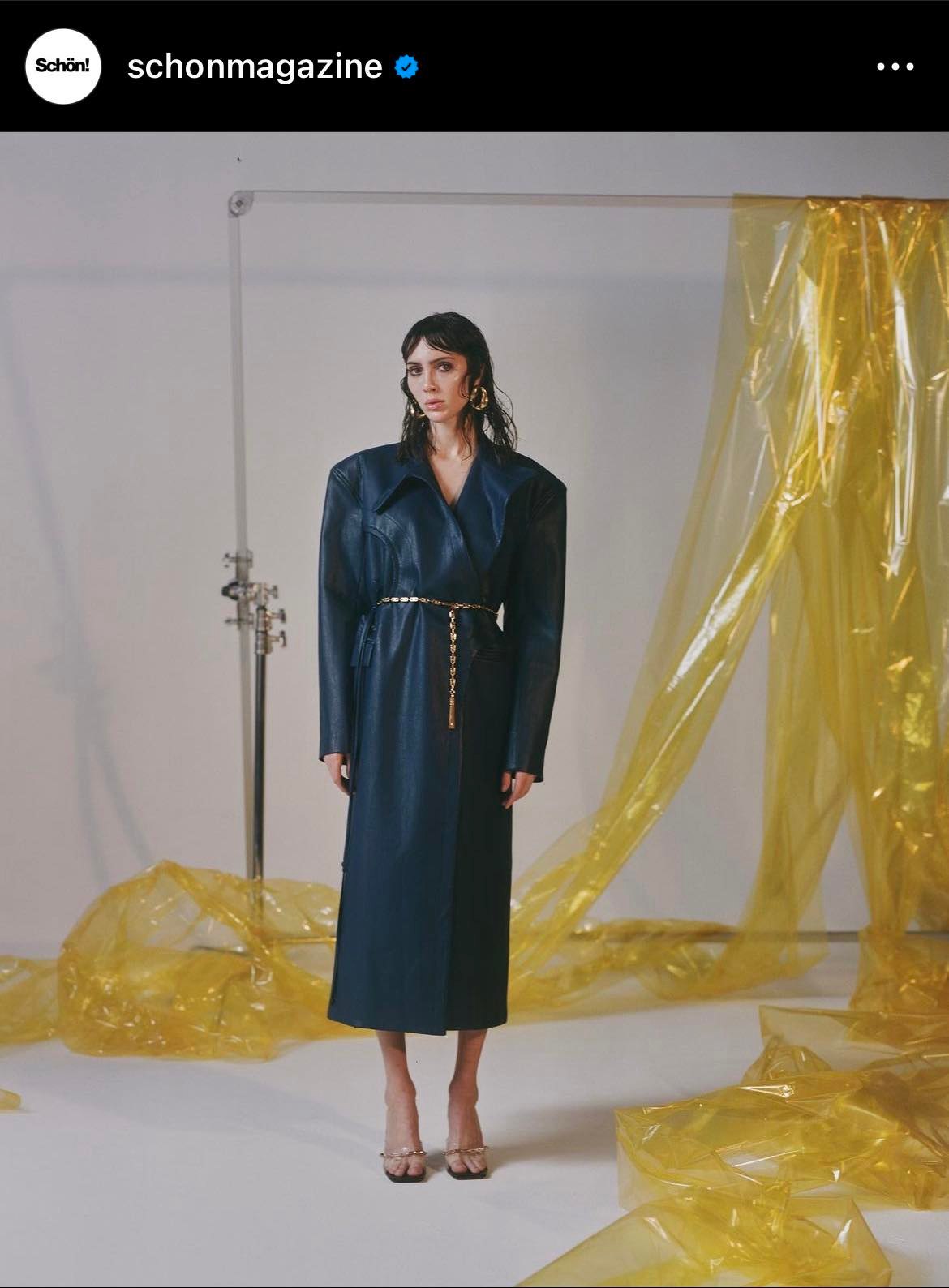 Blue Faux Leather Structured Trench Coat