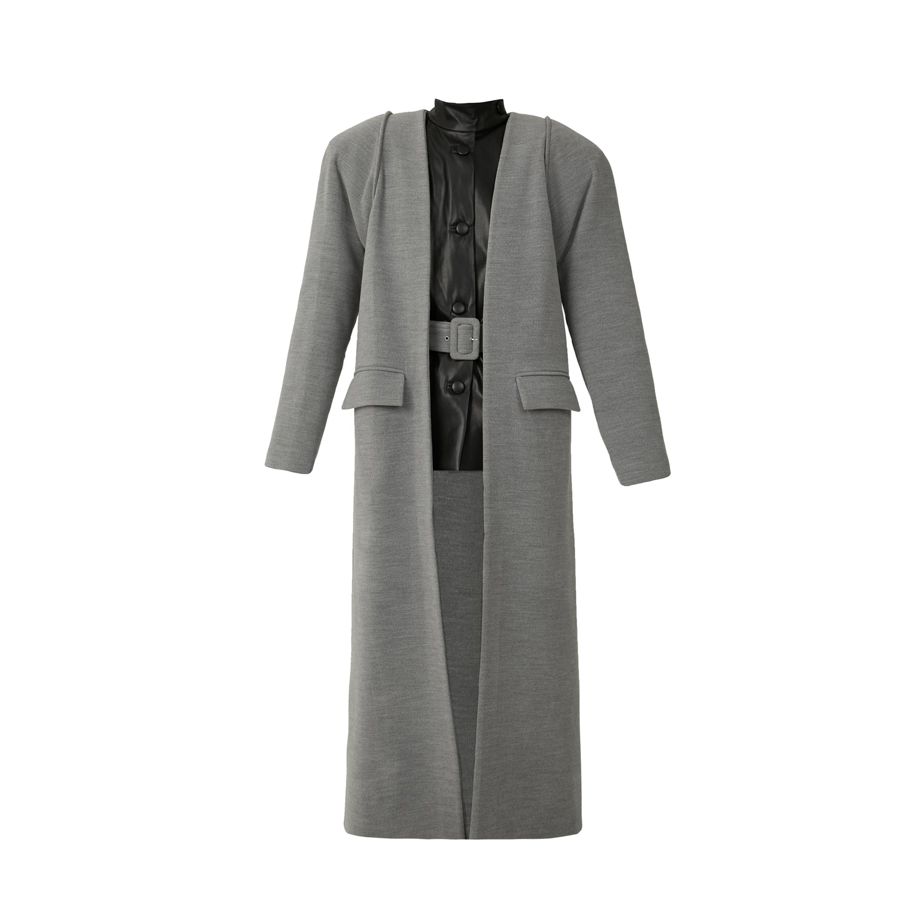 Two-Layered Gray Coat with Faux Leather Vest Insert