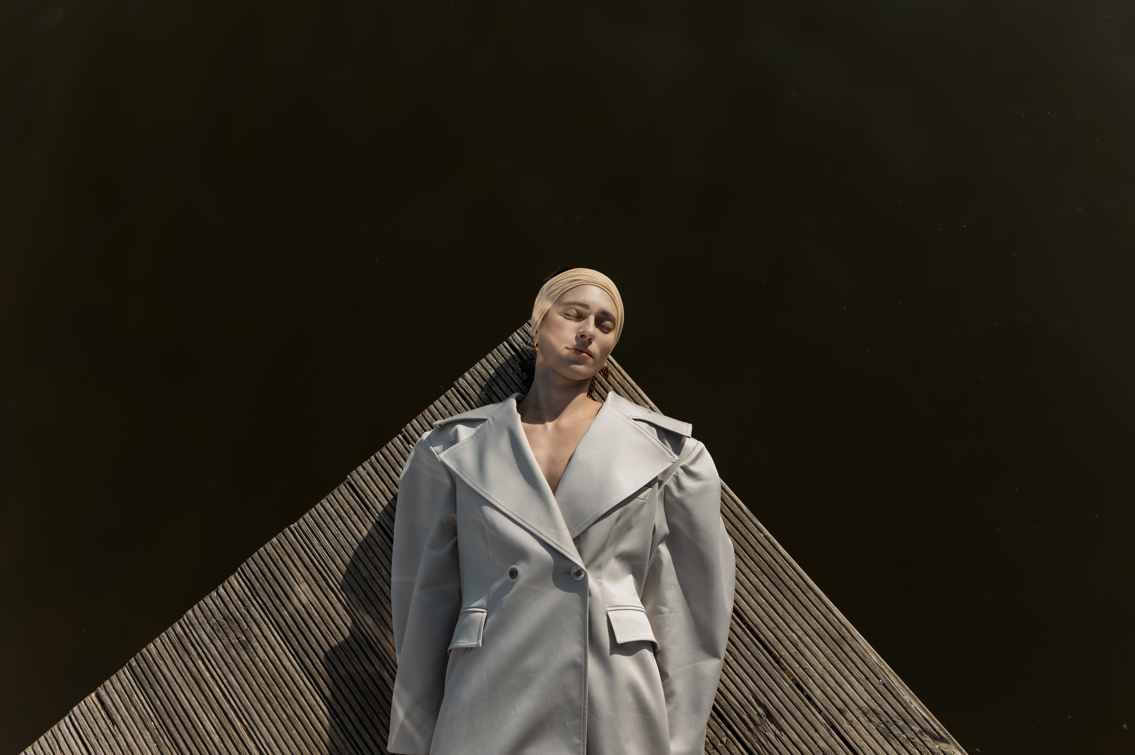 Stone Grey Double-Breasted Long Trench