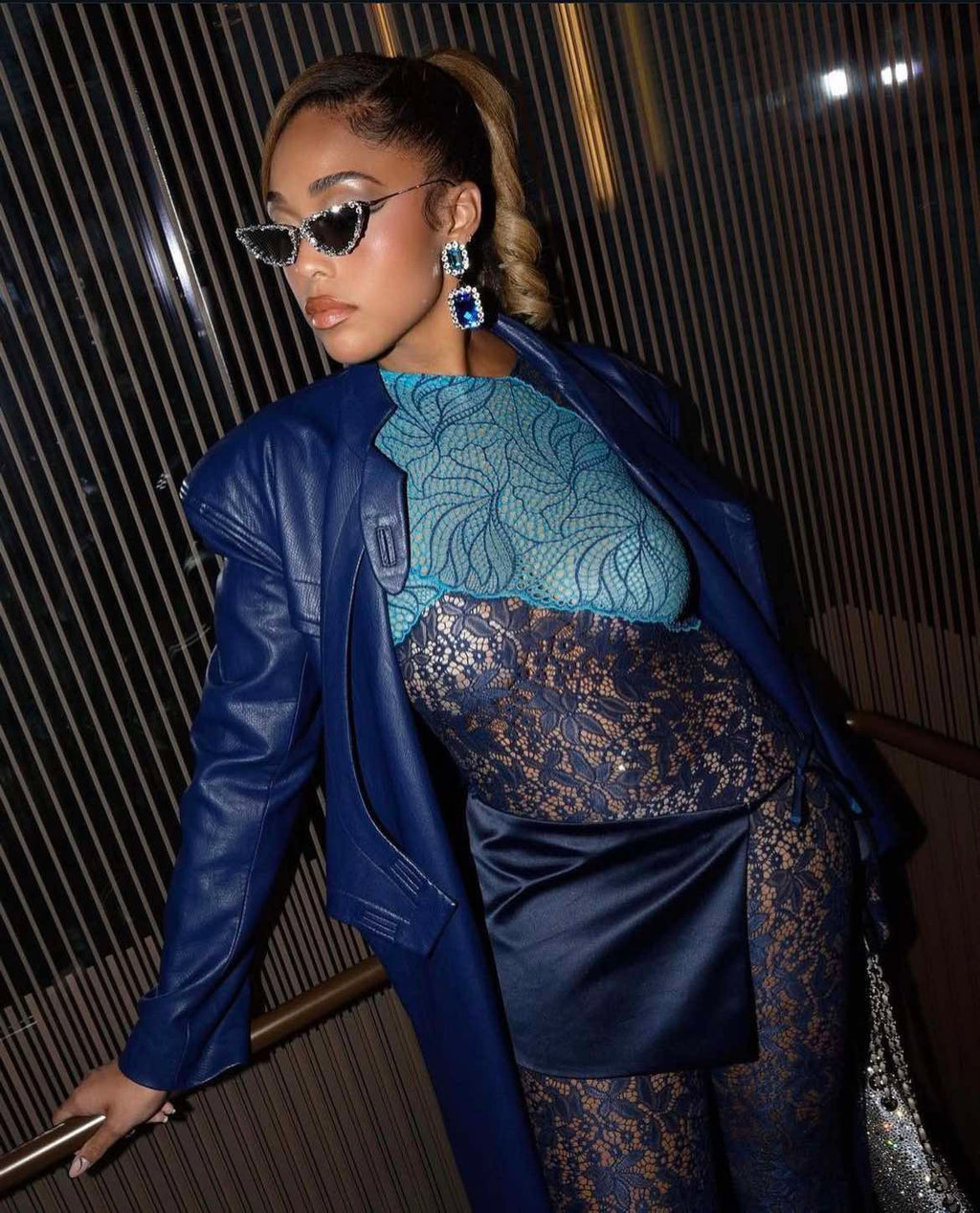 Blue Faux Leather Structured Trench Coat