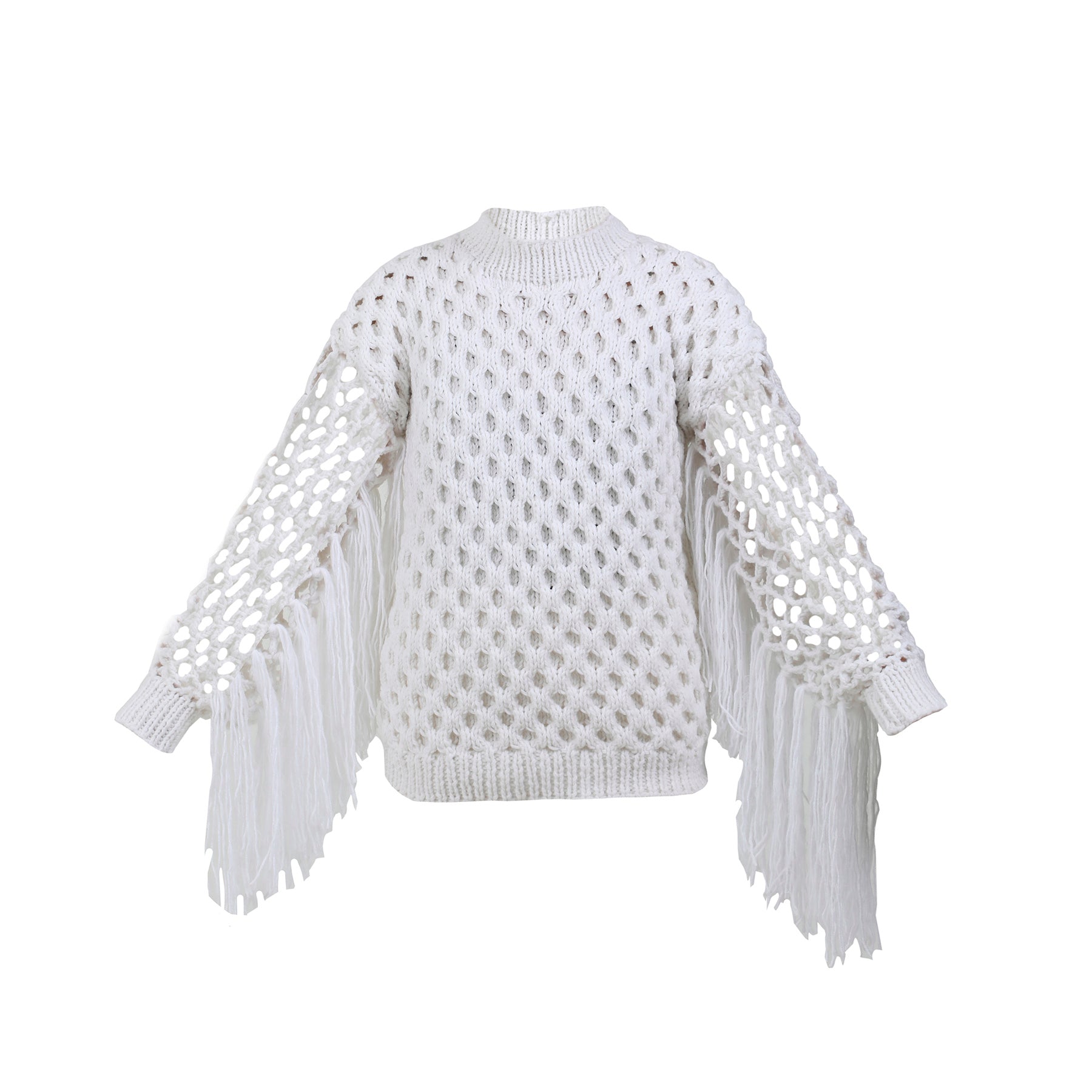 White Sweater with Fringe Fishnet Sleeves