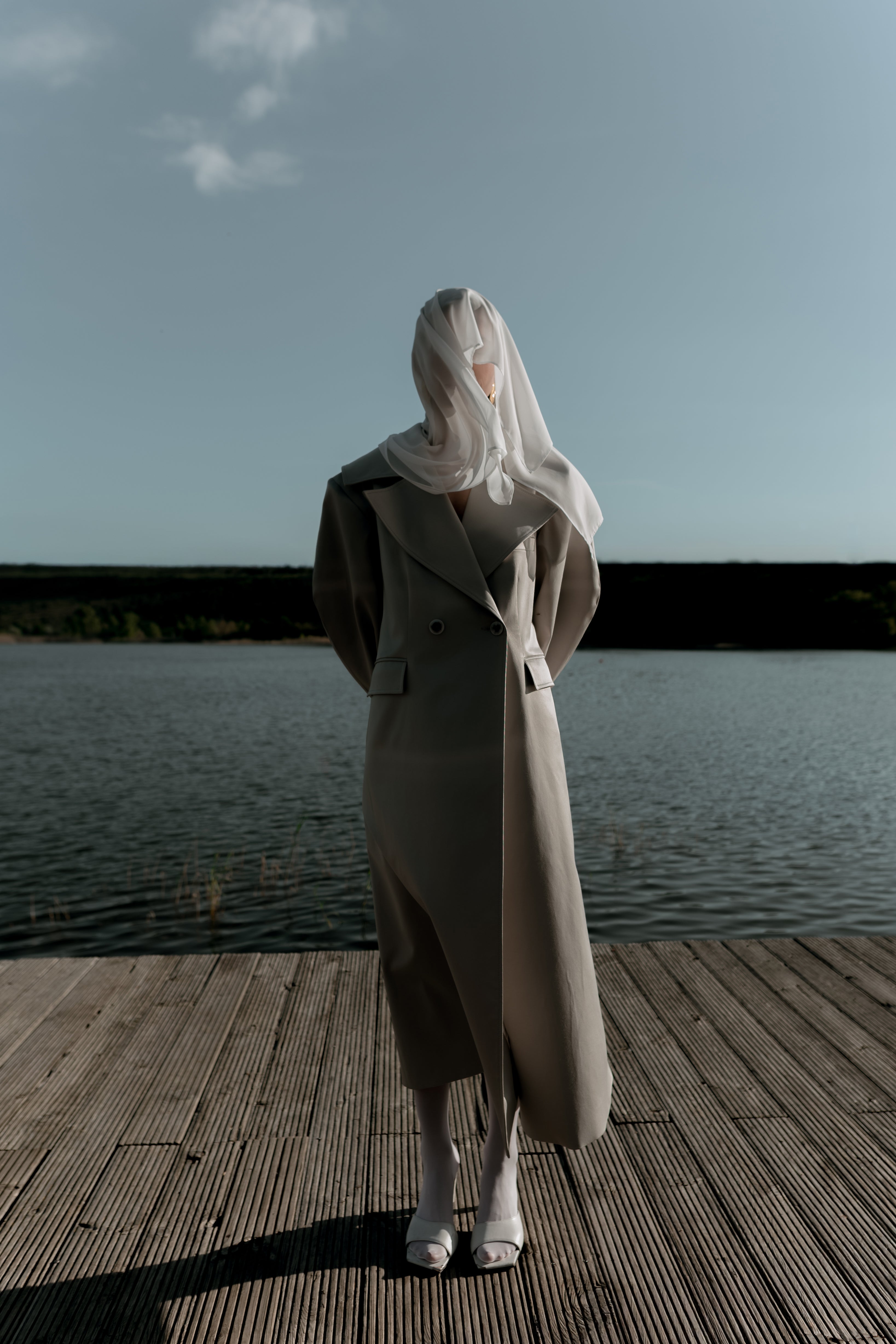 Stone Grey Double-Breasted Long Trench