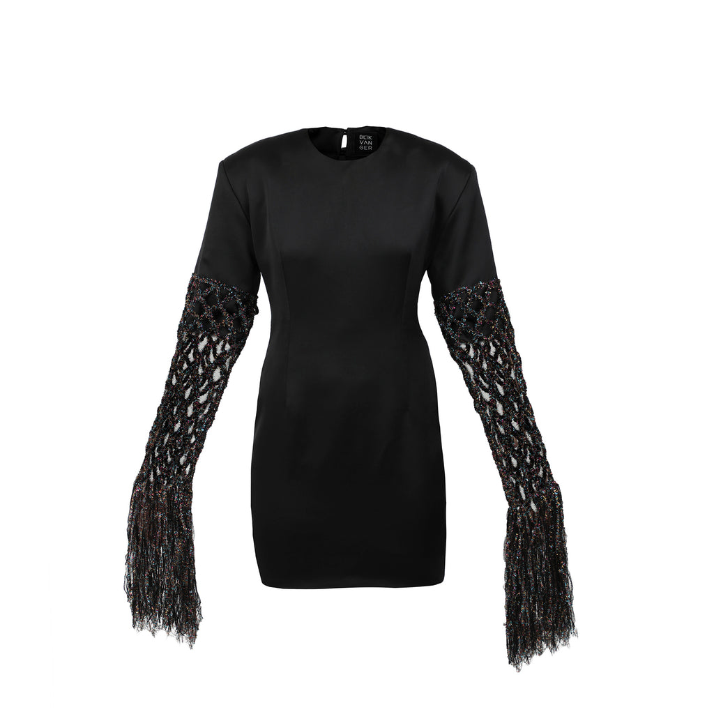 Fishnet Sleeve Satin Mini Dress