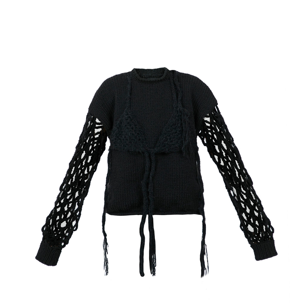 Hand-Knit Black Sweater with Bra Overlay