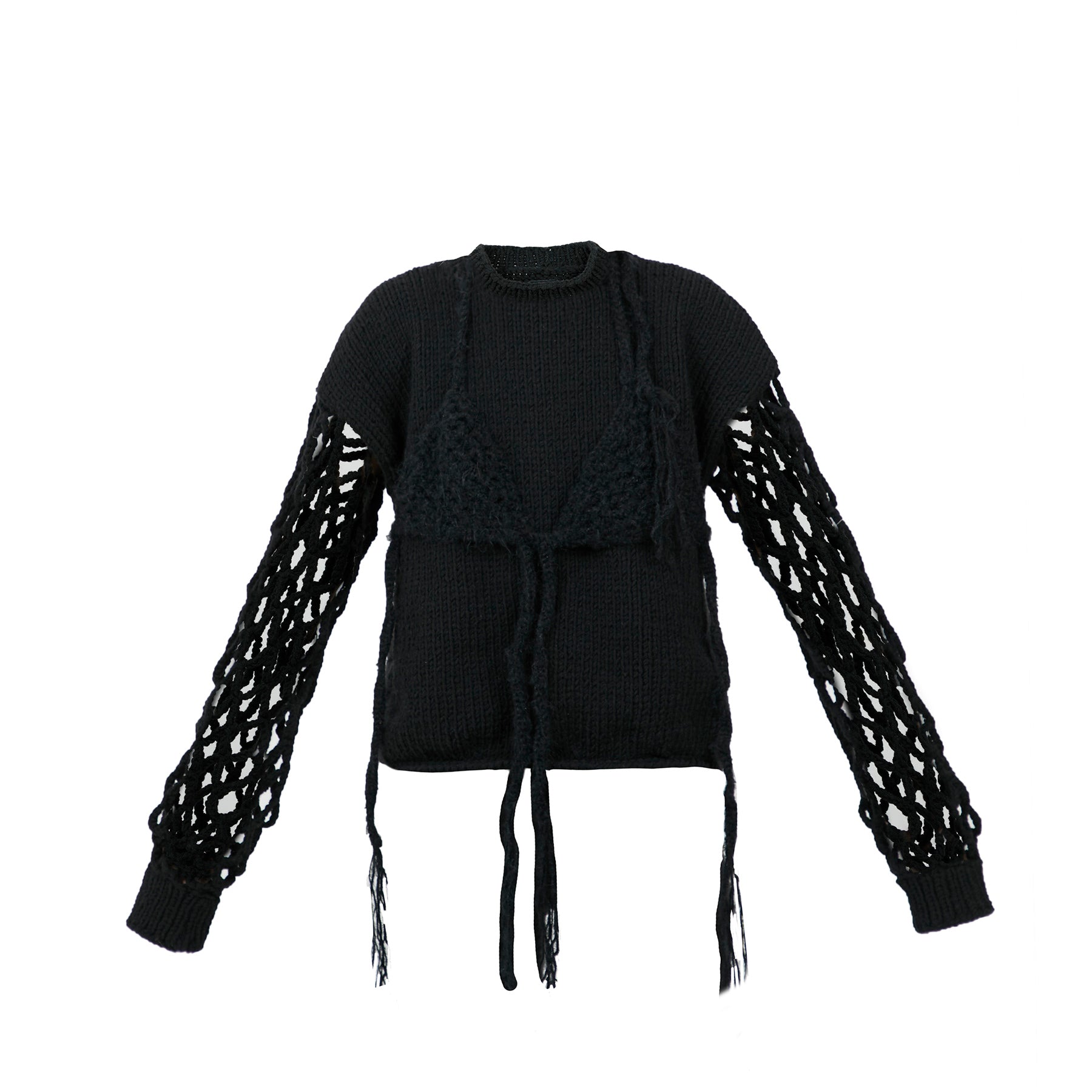 Hand-Knit Black Sweater with Bra Overlay