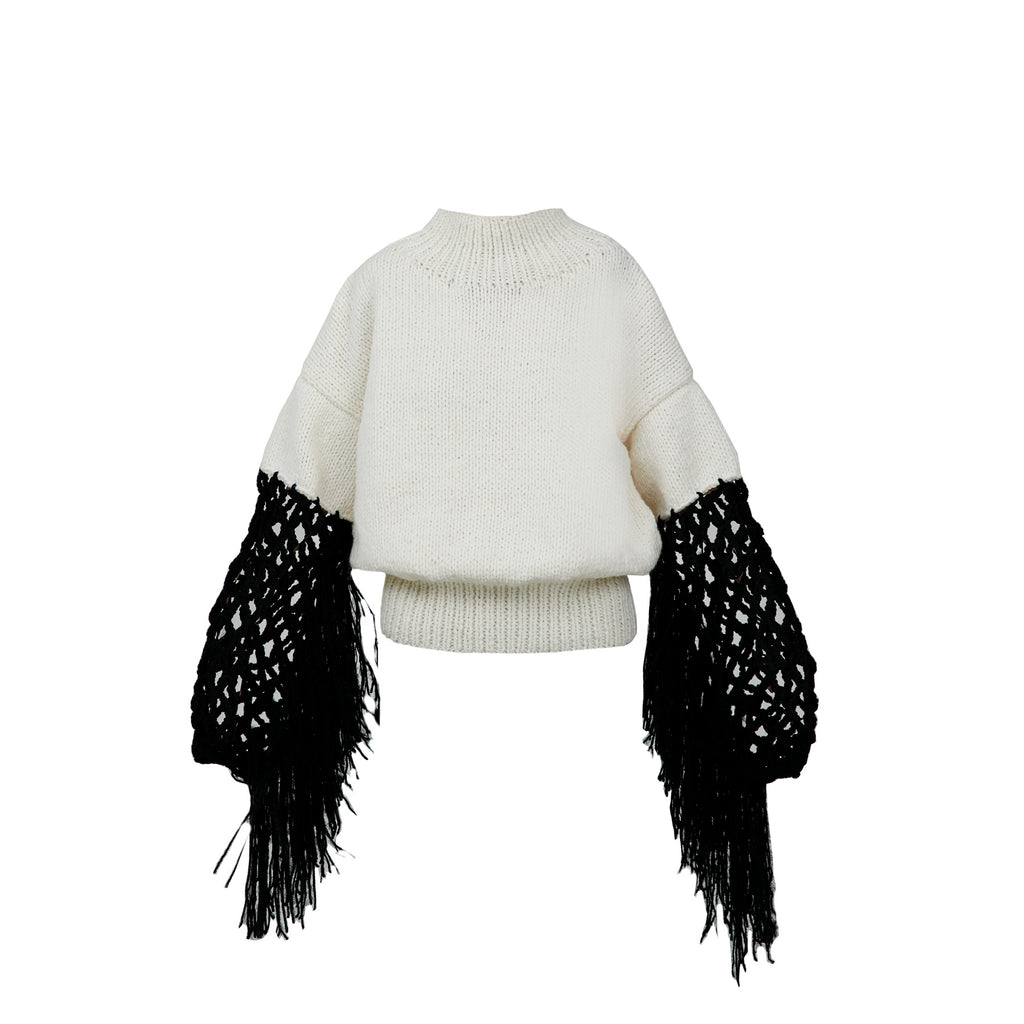 White Wool Blend Sweater with Fringe Sleeves