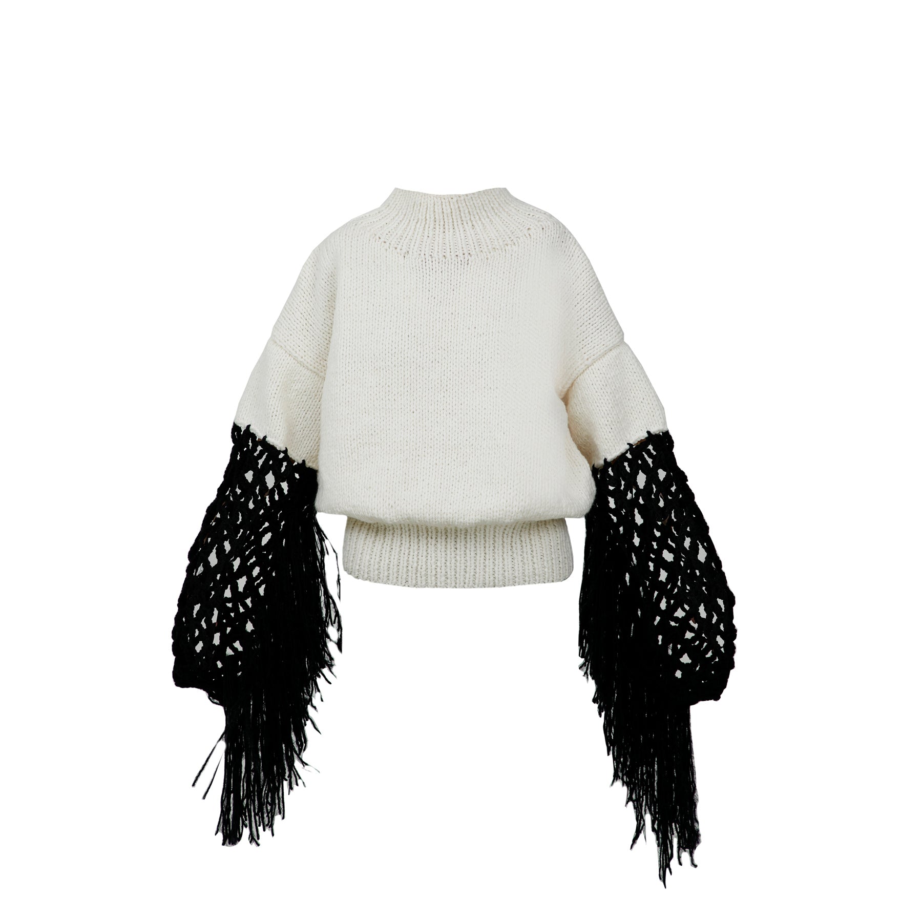 White Wool Blend Sweater with Fringe Sleeves