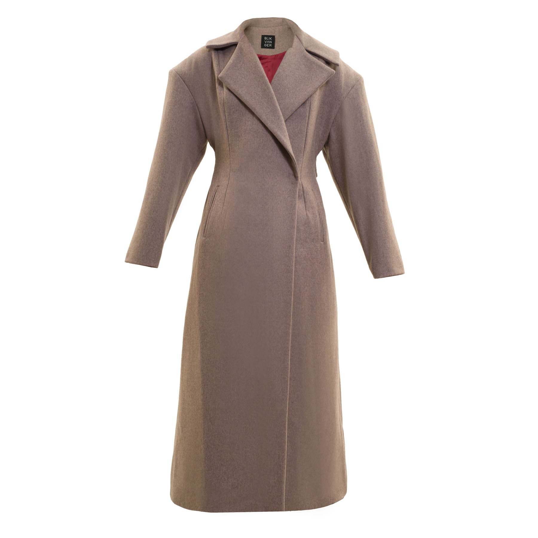 Long beige full-length coat with padded shoulders