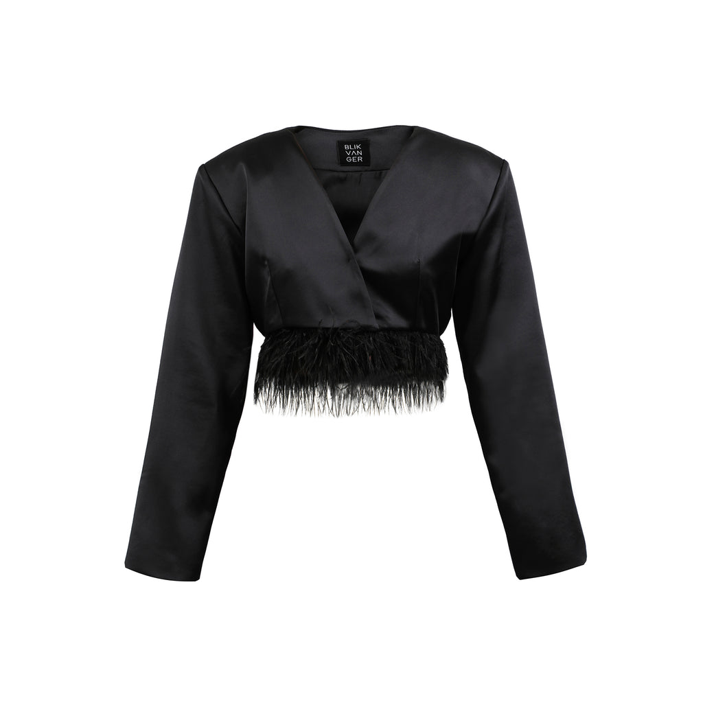 Feather-Trim Cropped Satin Blazer