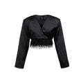 Feather-Trim Cropped Satin Blazer