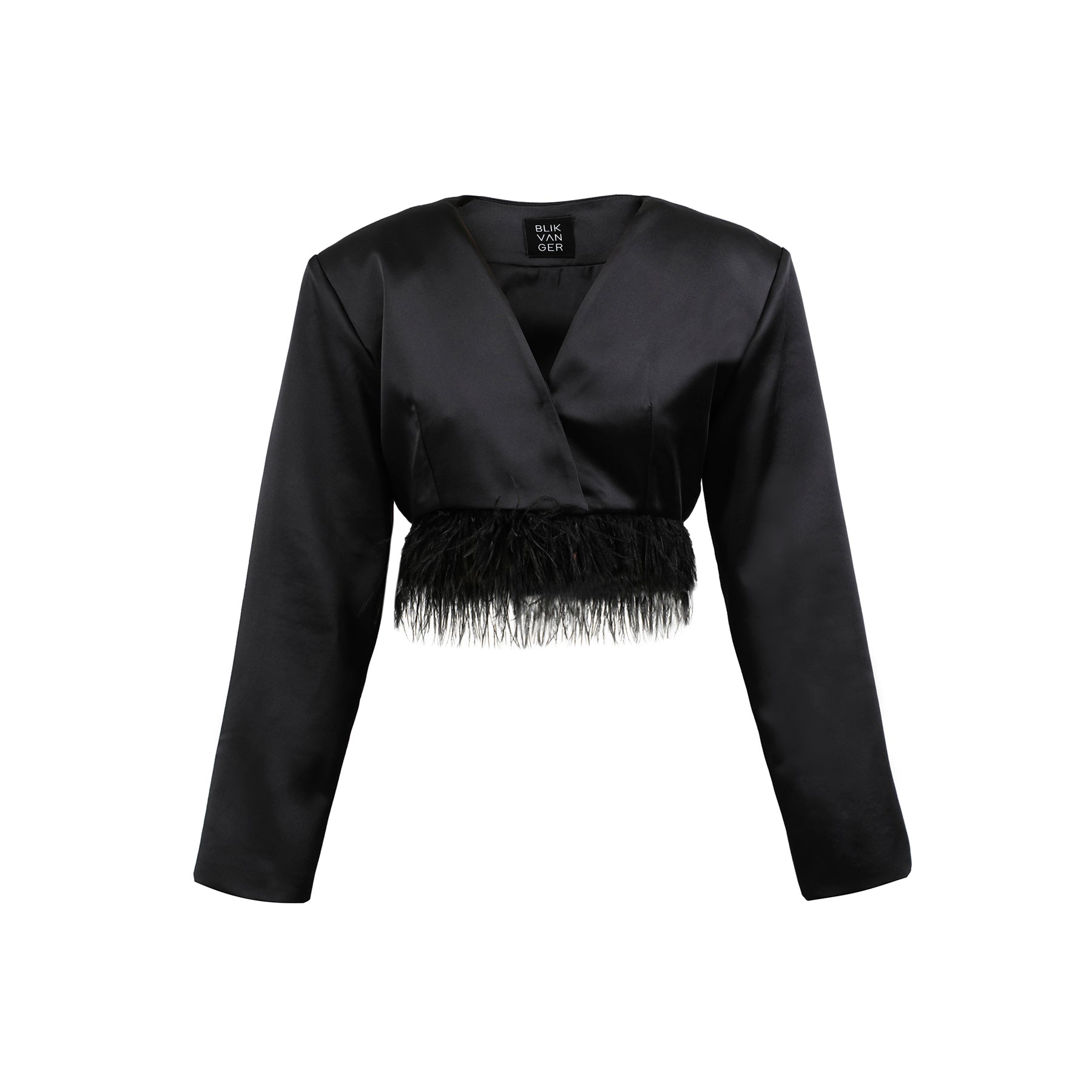Feather-Trim Cropped Satin Blazer