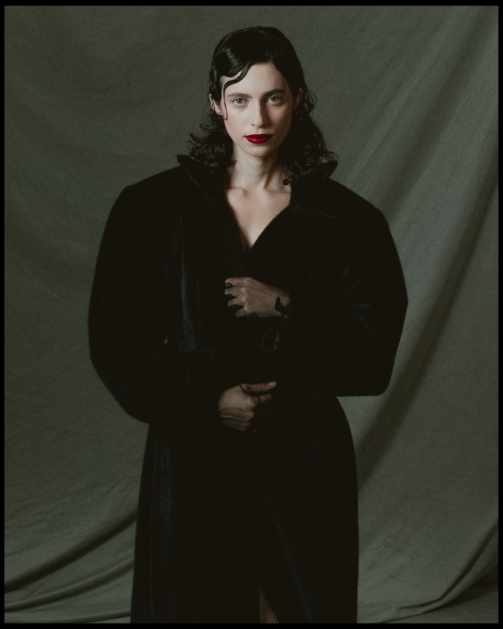 Midnight Black Faux Fur Coat with Stand-Up Collar