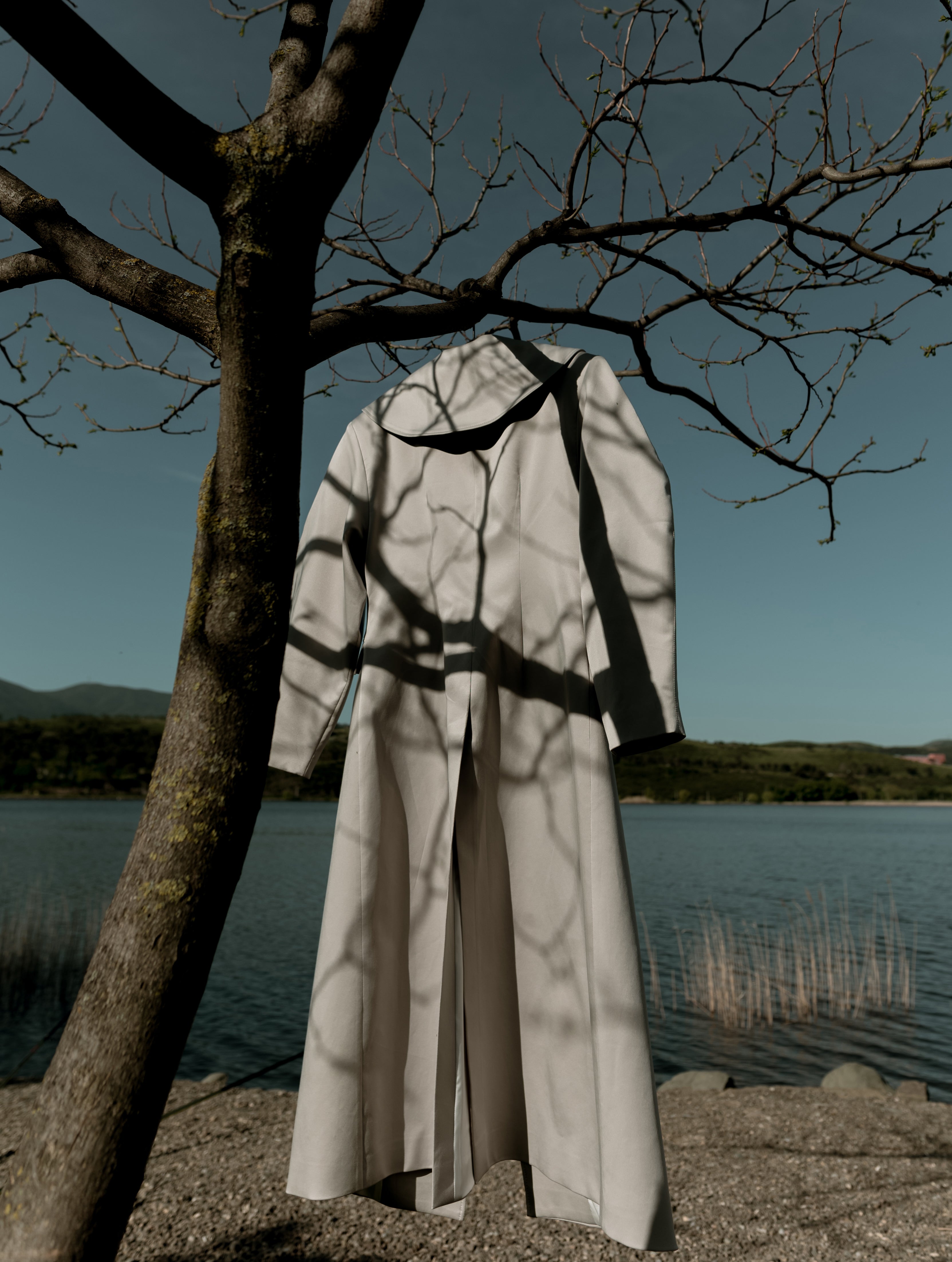 Stone Grey Double-Breasted Long Trench