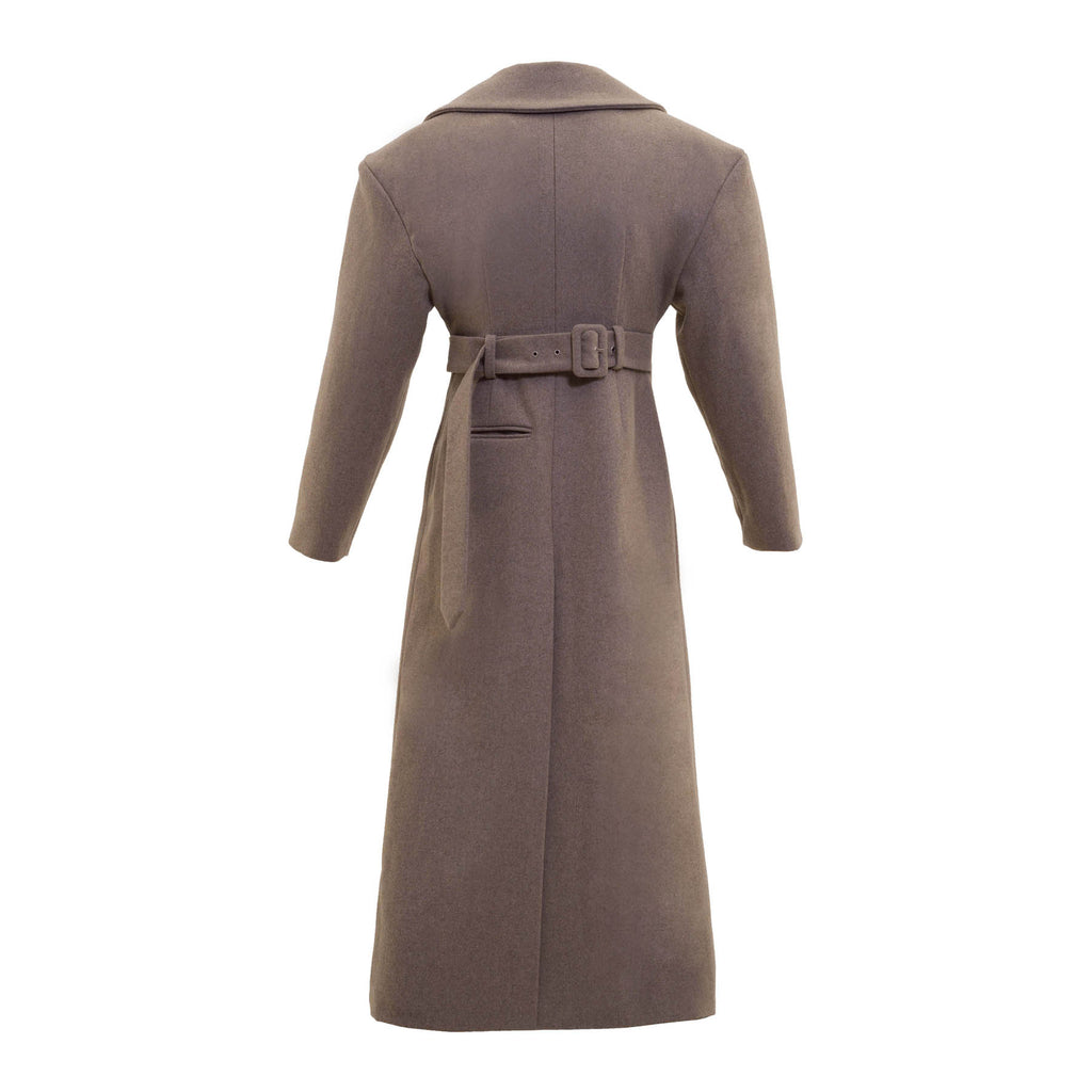 Long beige full-length coat with padded shoulders