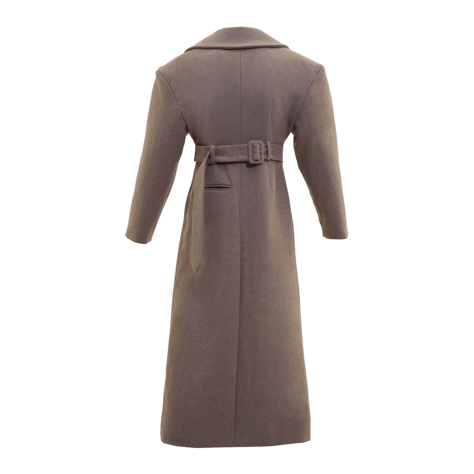 Long beige full-length coat with padded shoulders