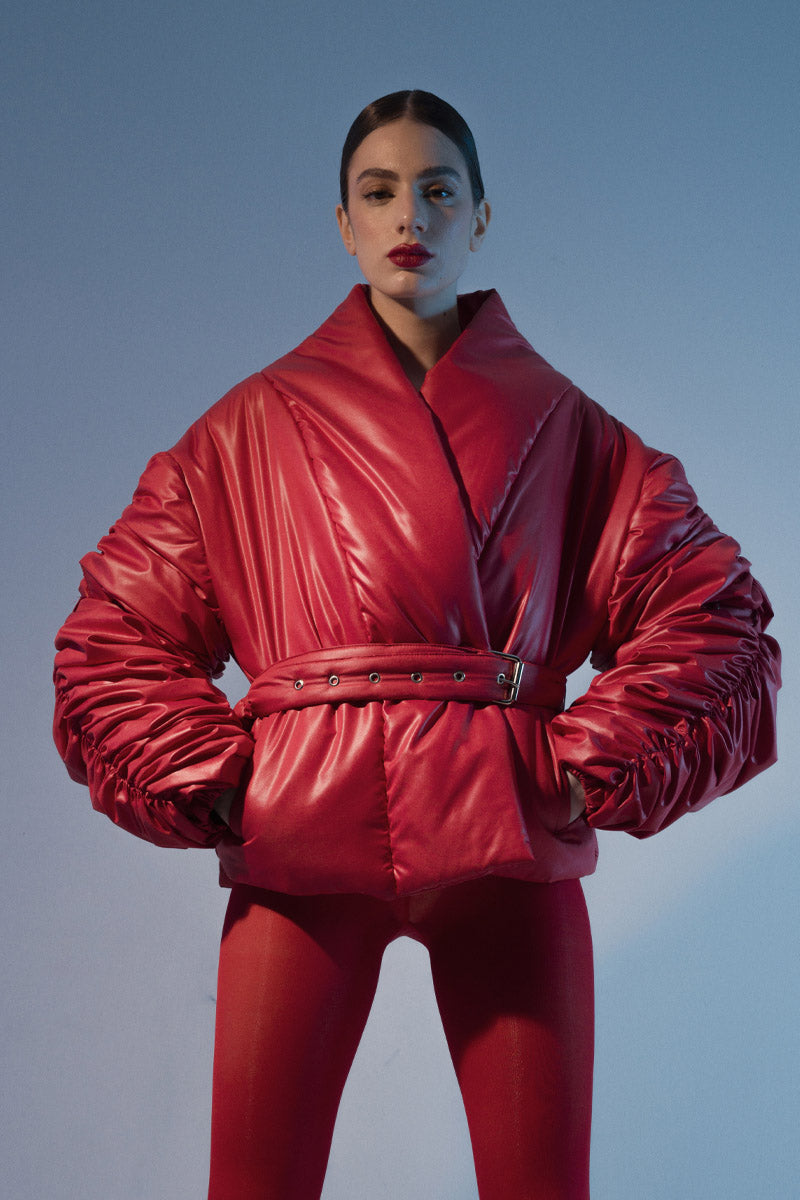 Sculptural Draped-Sleeve Puffer Jacket