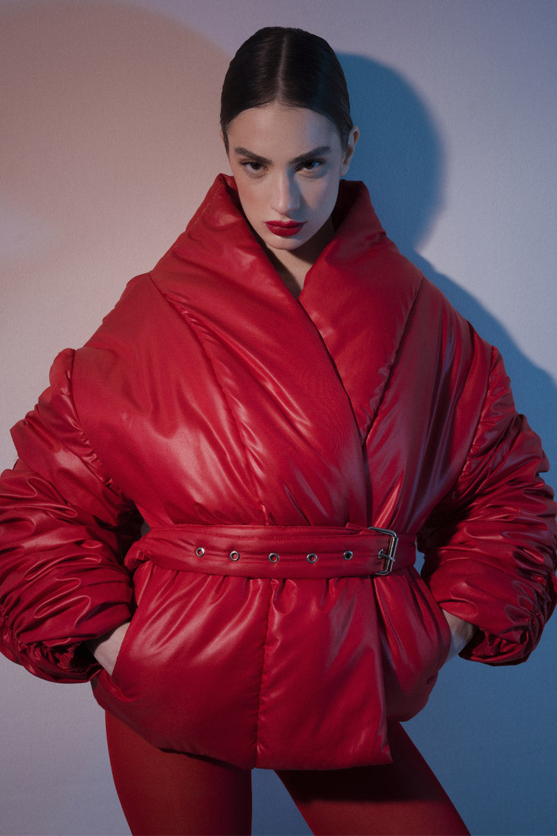 Sculptural Draped-Sleeve Puffer Jacket