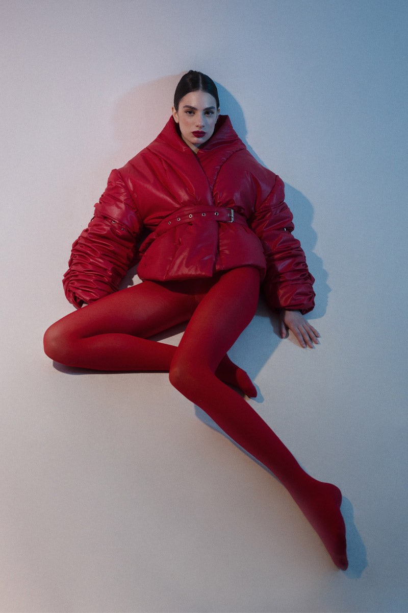 Sculptural Draped-Sleeve Puffer Jacket