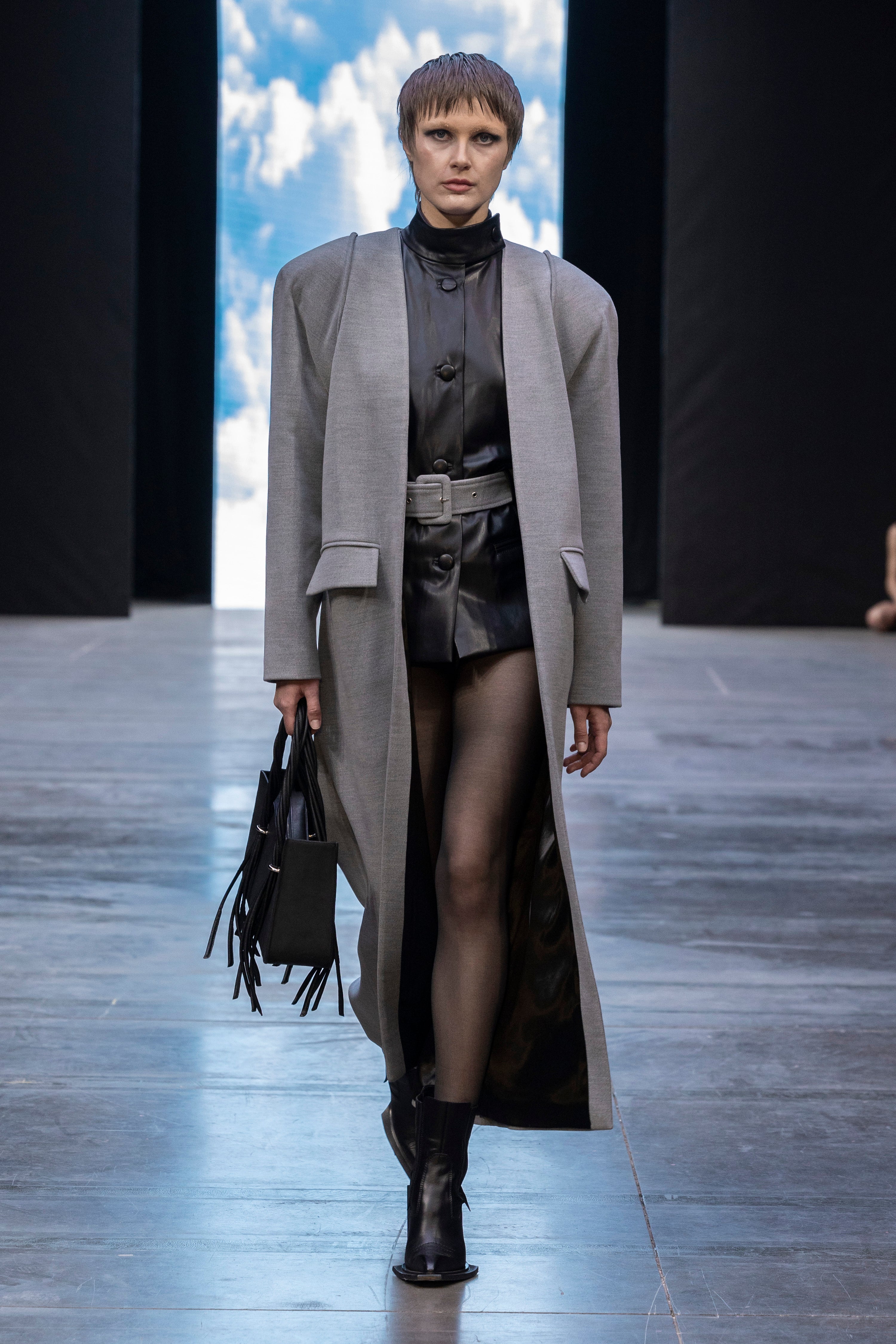 Two-Layered Gray Coat with Faux Leather Vest Insert