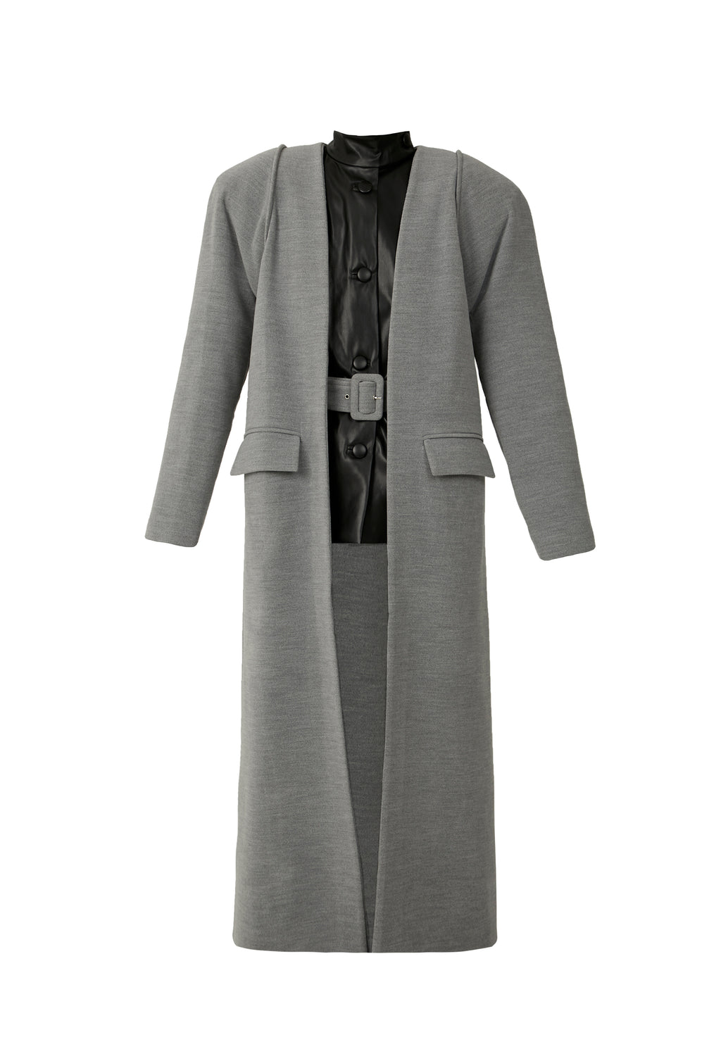 Two-Layered Gray Coat with Faux Leather Vest Insert