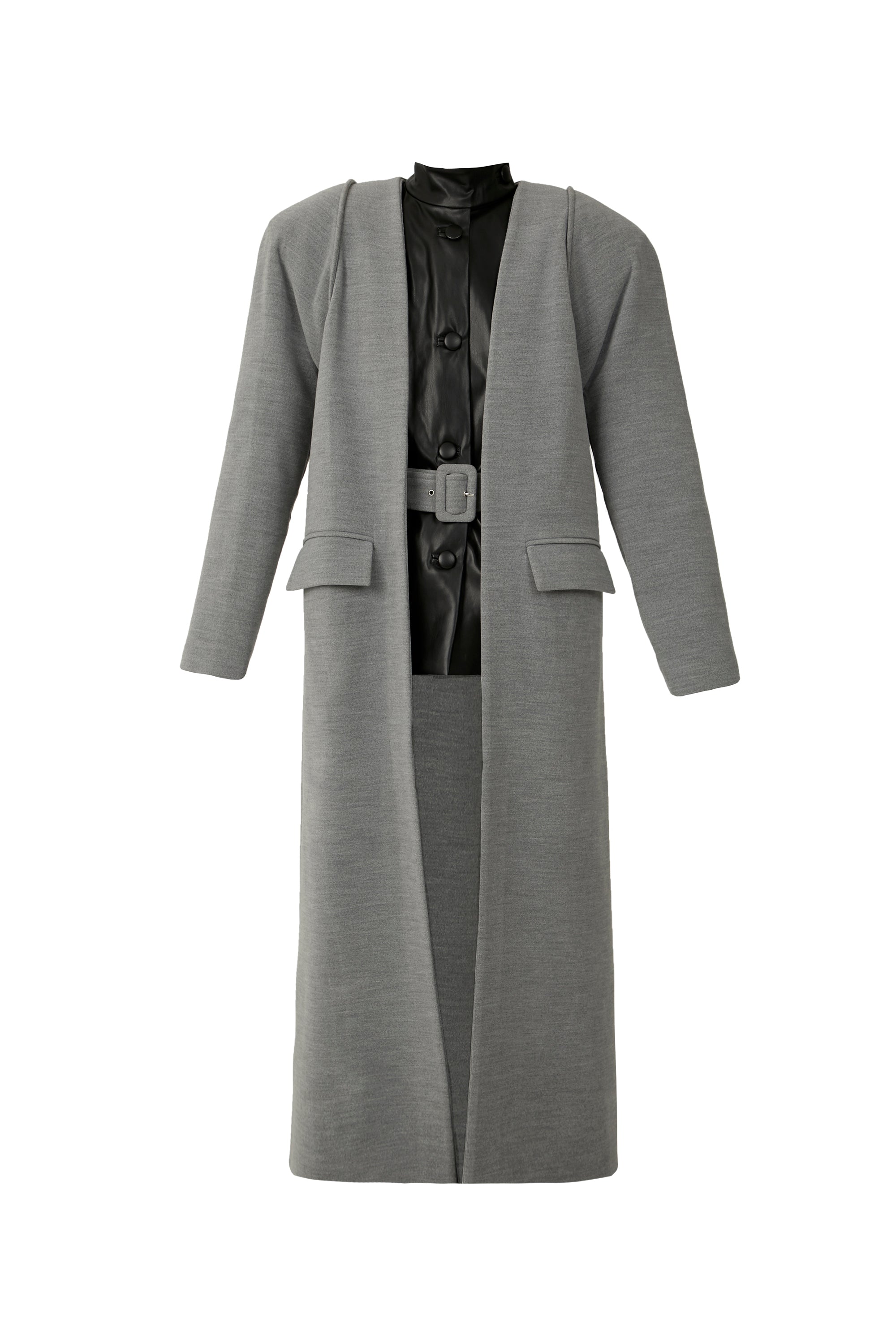 Two-Layered Gray Coat with Faux Leather Vest Insert