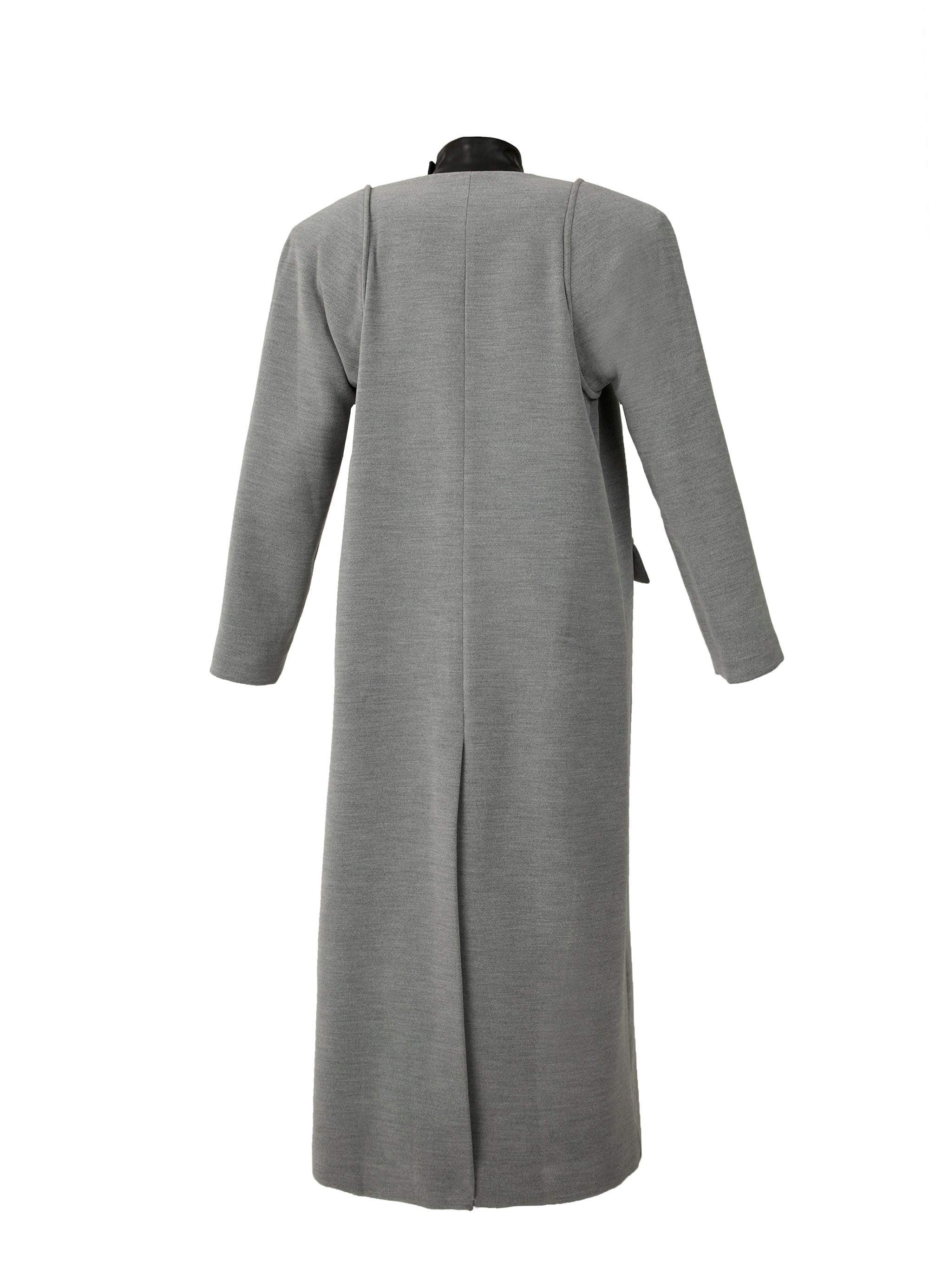 Two-Layered Gray Coat with Faux Leather Vest Insert