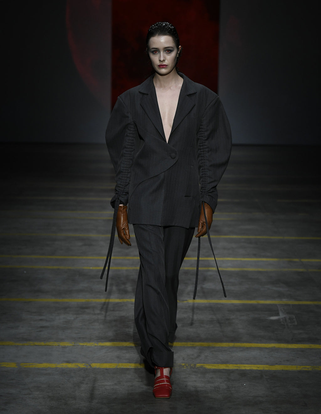 Structured Gray Blazer with Ruched Drawstring Sleeves