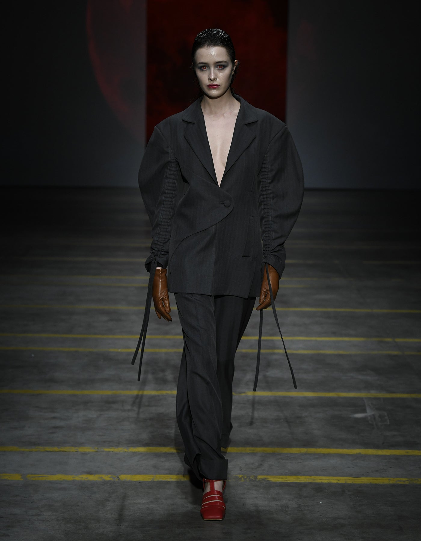 Structured Gray Blazer with Ruched Drawstring Sleeves