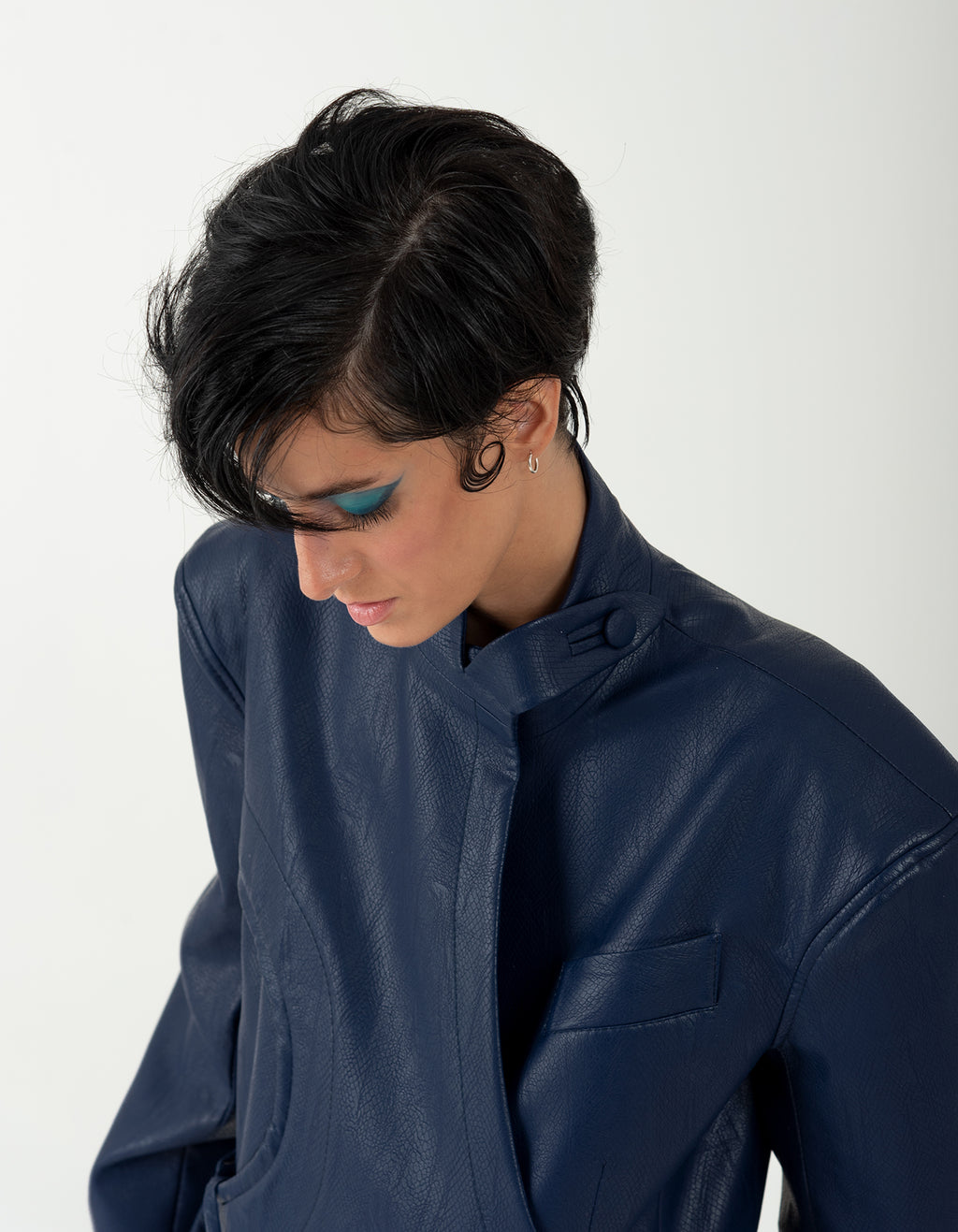 Blue Faux Leather Structured Trench Coat