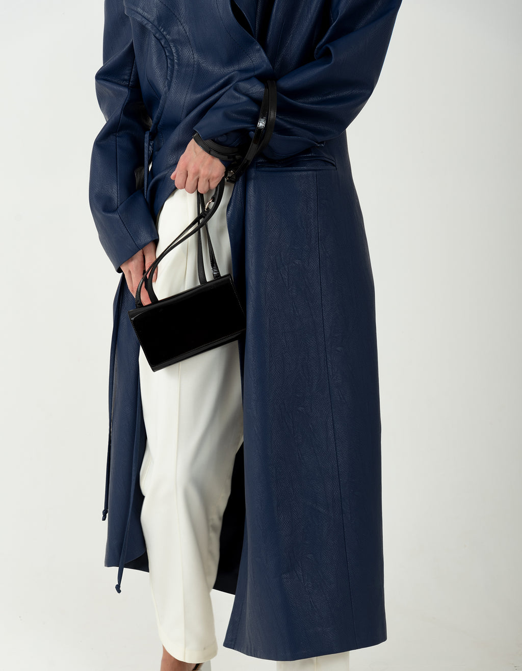 Blue Faux Leather Structured Trench Coat