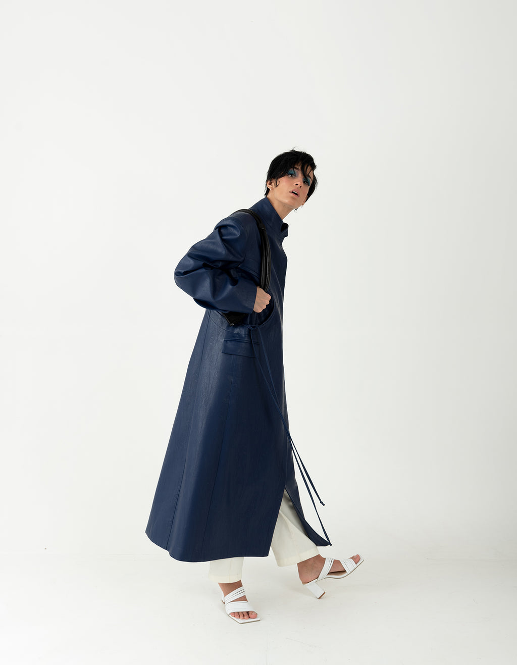 Blue Faux Leather Structured Trench Coat