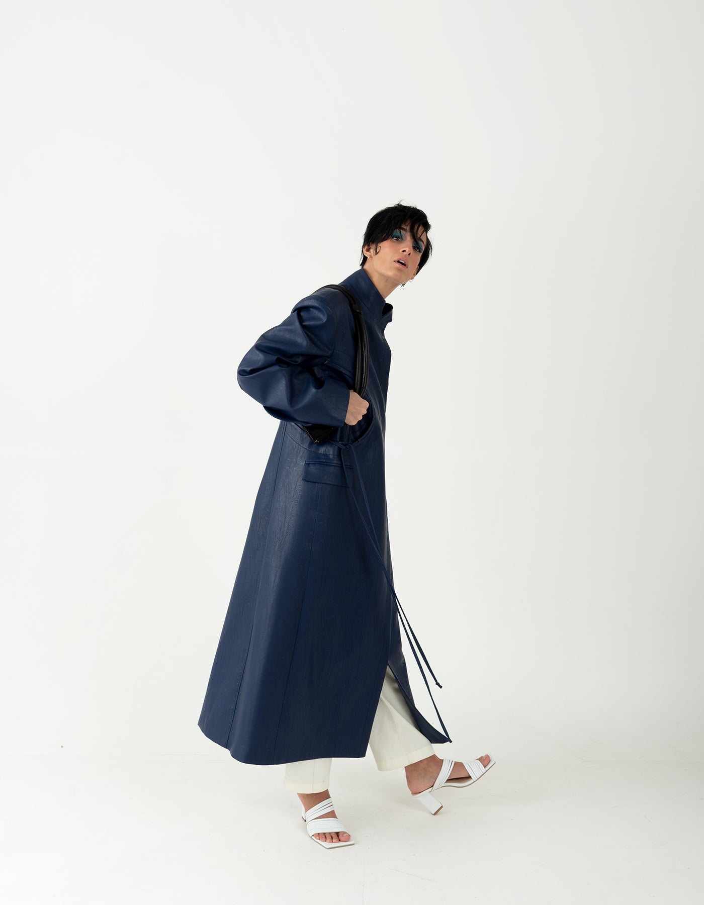 Blue Faux Leather Structured Trench Coat