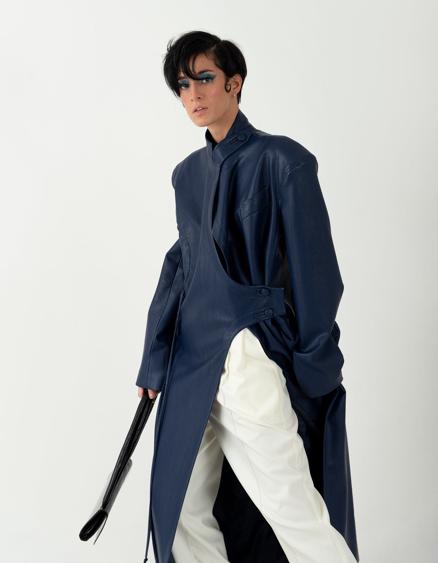 Blue Faux Leather Structured Trench Coat