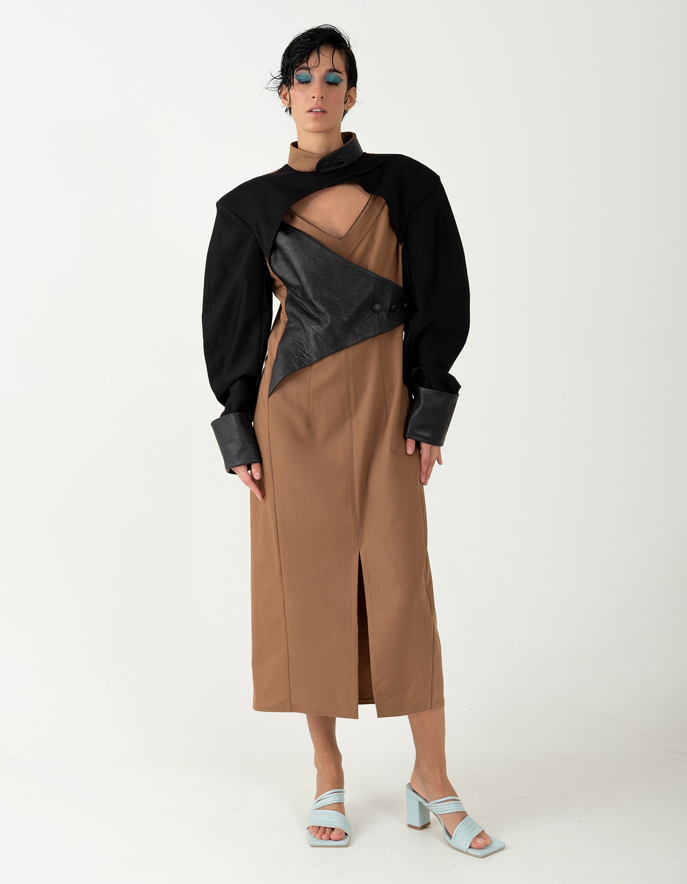 Structured Black & Brown Midi Dress