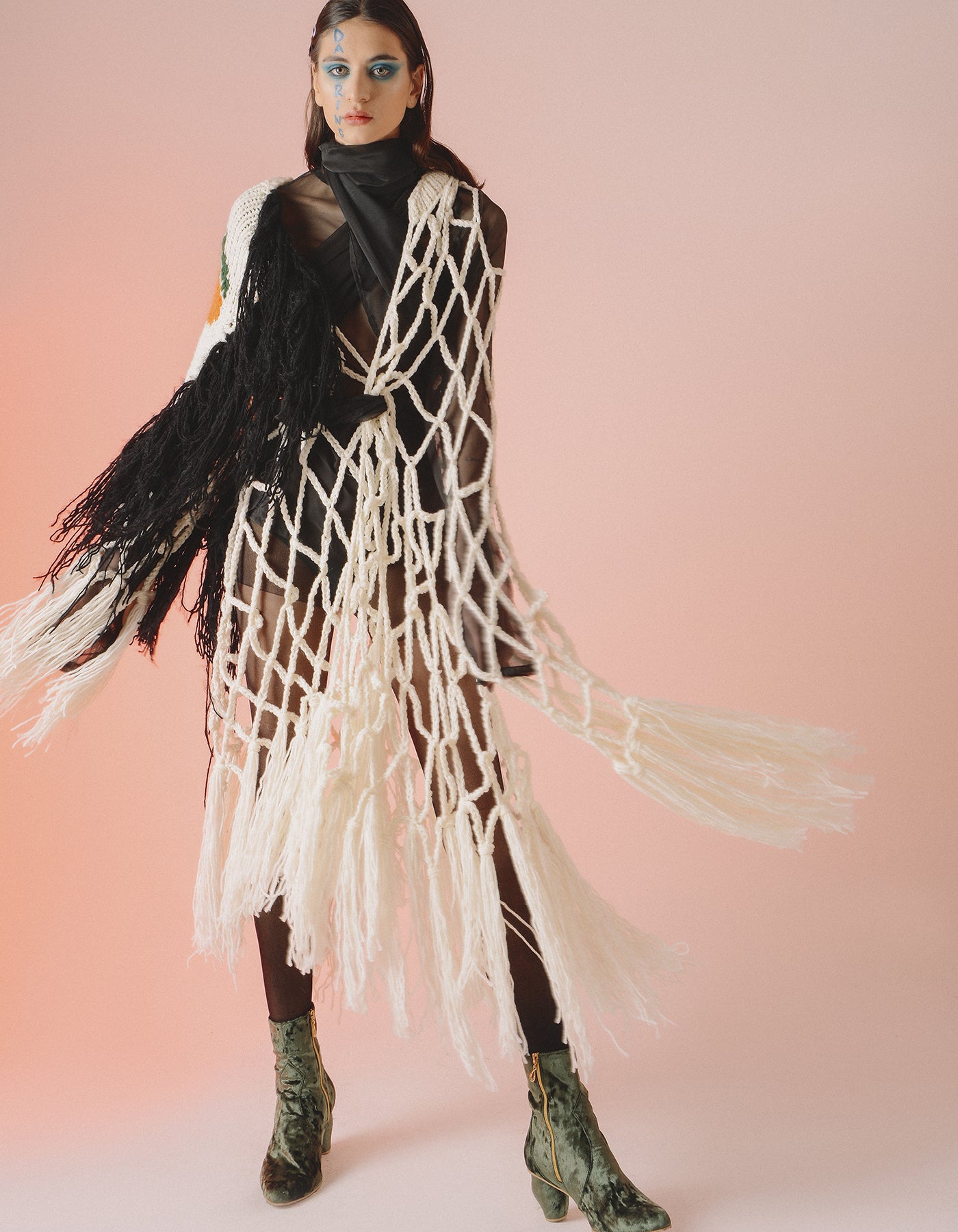 White Net Tangerine Embroidered Open-Knit Jacket