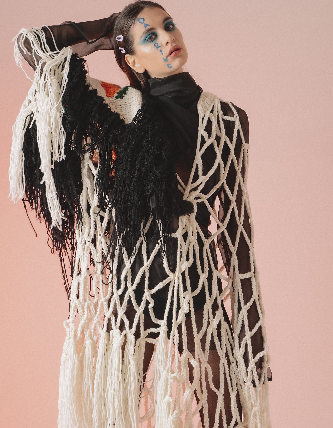 White Net Tangerine Embroidered Open-Knit Jacket