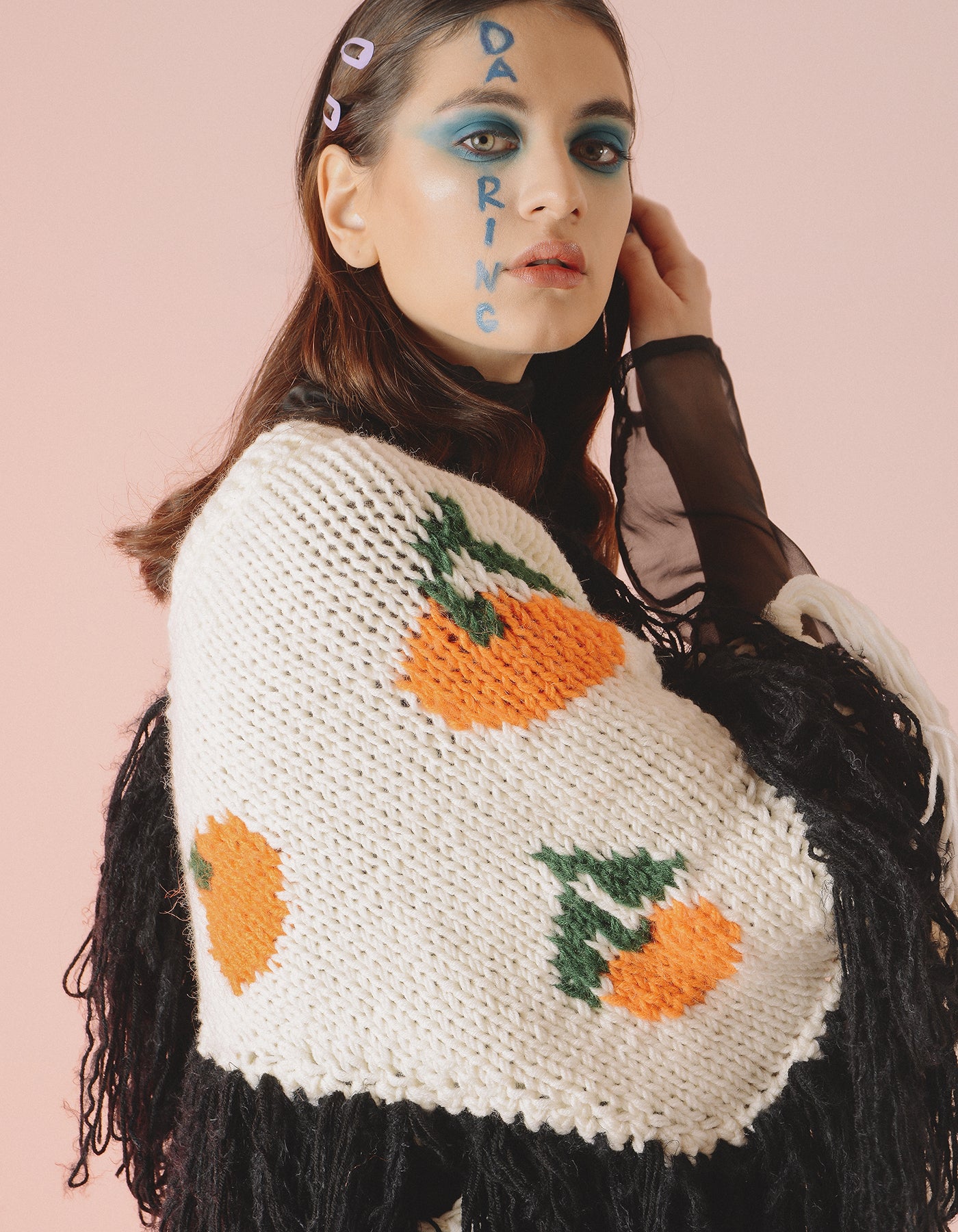 White Net Tangerine Embroidered Open-Knit Jacket